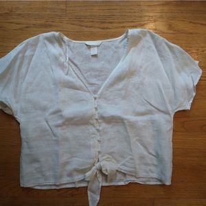 Linen, short sleeve blouse with button front and tie